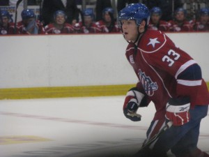 Victor Oreskovich playing for the Rochester Americans during a preseason game against the Syracuse Crunch on 9/29/09